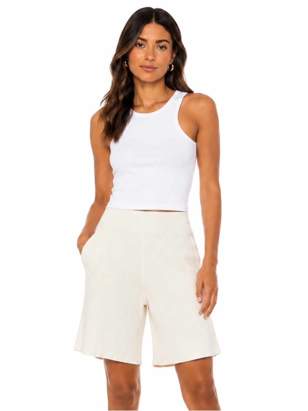 COS Cream Ribbed High-Rise Bermuda Shorts